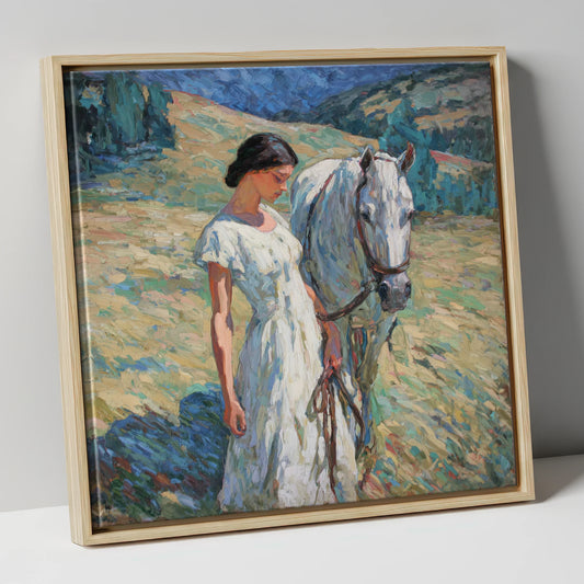 A Quiet Connection horse & rider canvas wall art in natural frame