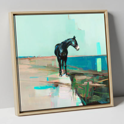 Silent Teal Horizon horse landscape canvas wall art in natural frame