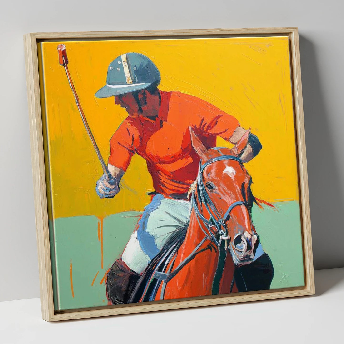 Vivid Mid-Chukka Strike polo horse canvas wall art in natural frame