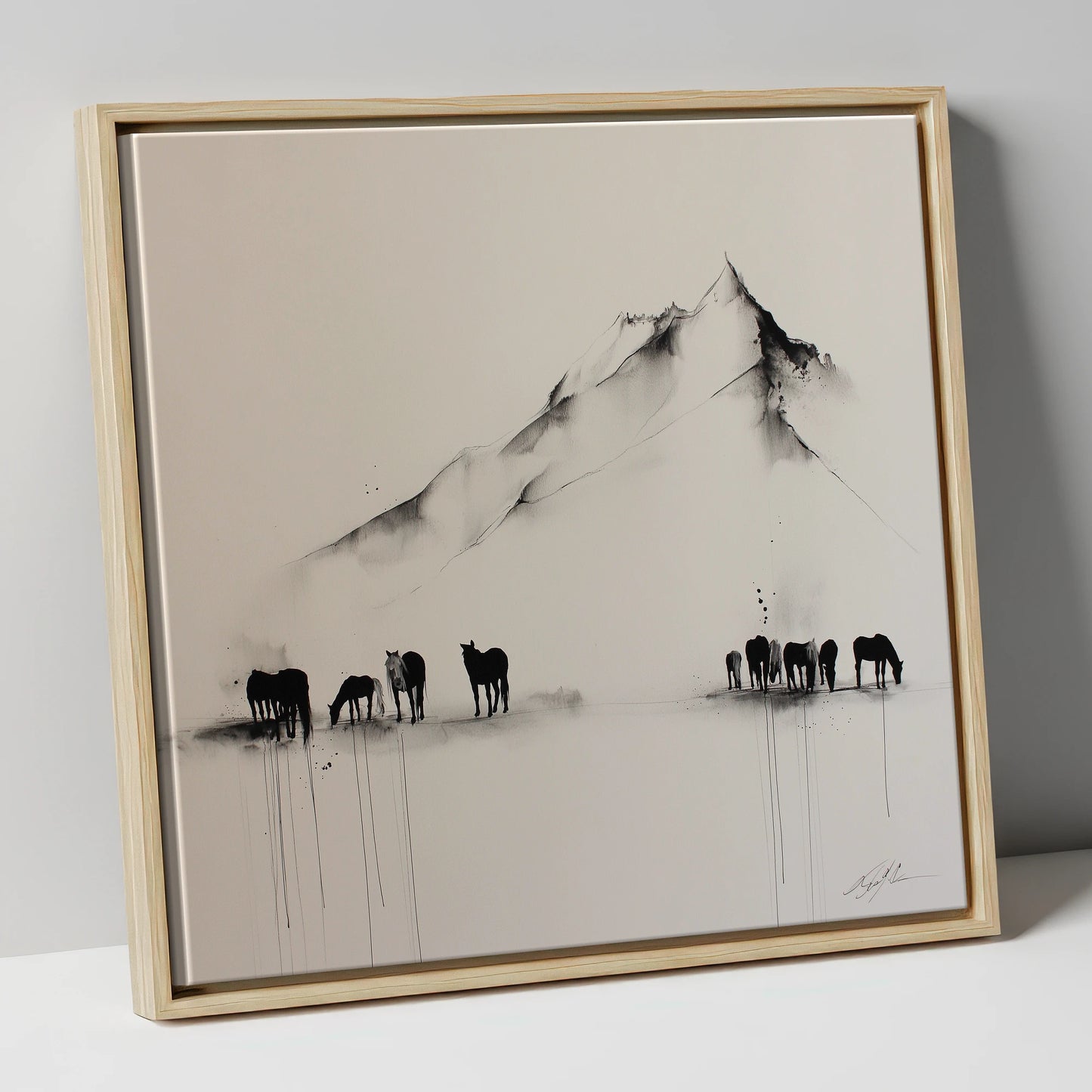 Ethereal Mountain Herd horse landscape canvas wall art in natural frame