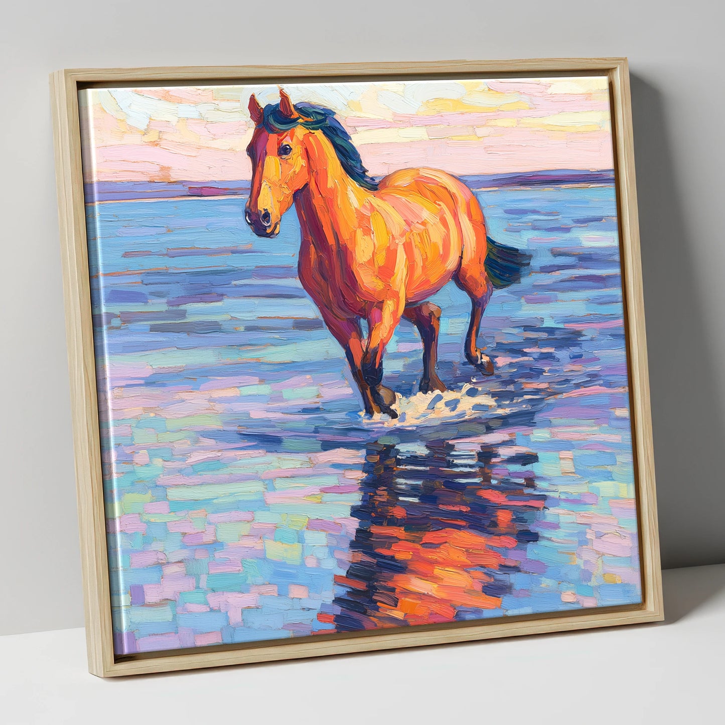 Sunset Shallows Stride beach horse canvas wall art in natural frame