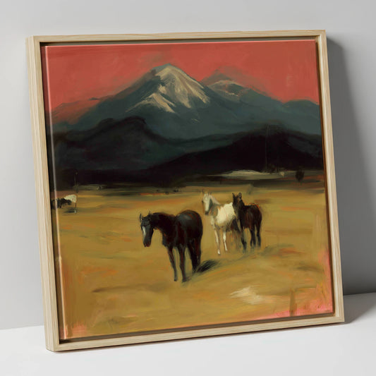 Crimson Sky Pastures horse landscape canvas wall art in natural frame
