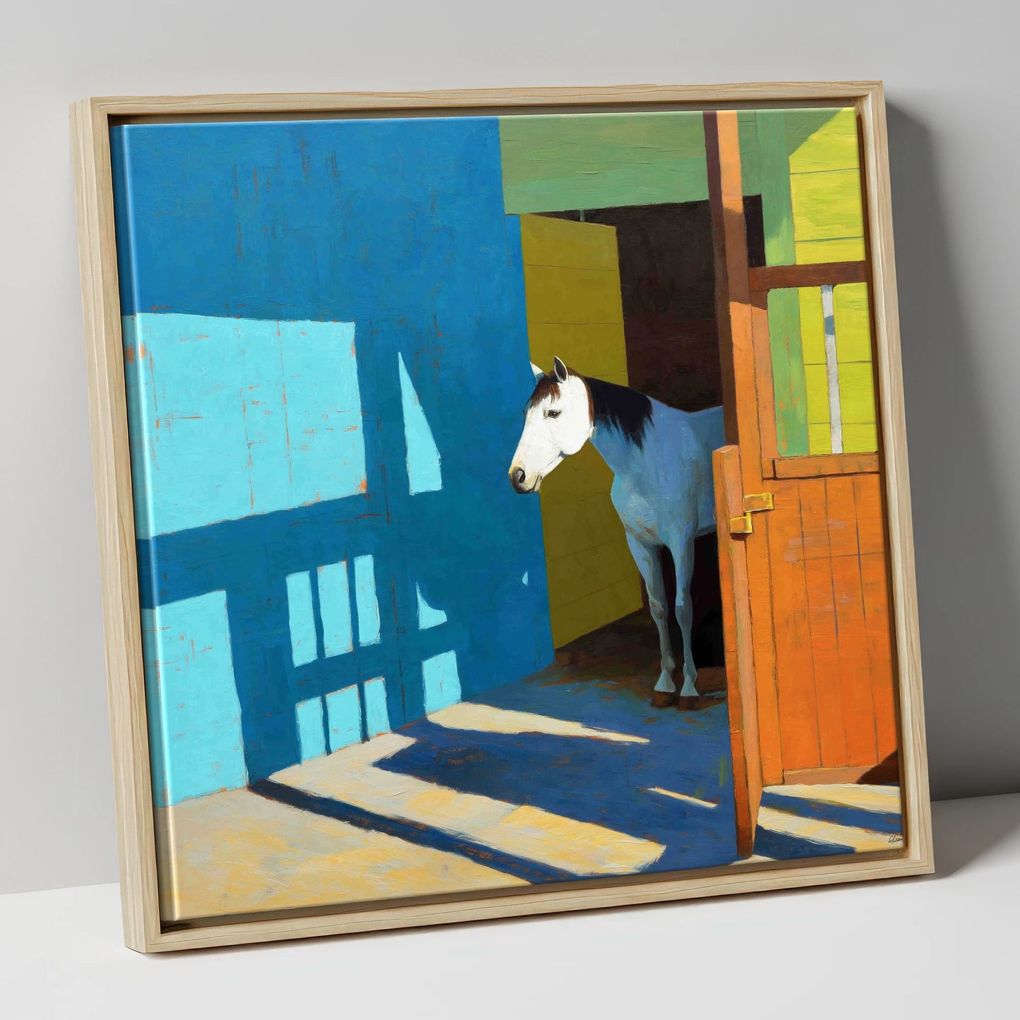 Sunlight on the Yard horse stable canvas wall art in natural frame
