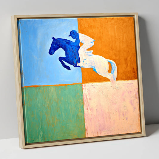 Abstract Cobalt Leap show jumping horse canvas wall art in natural frame