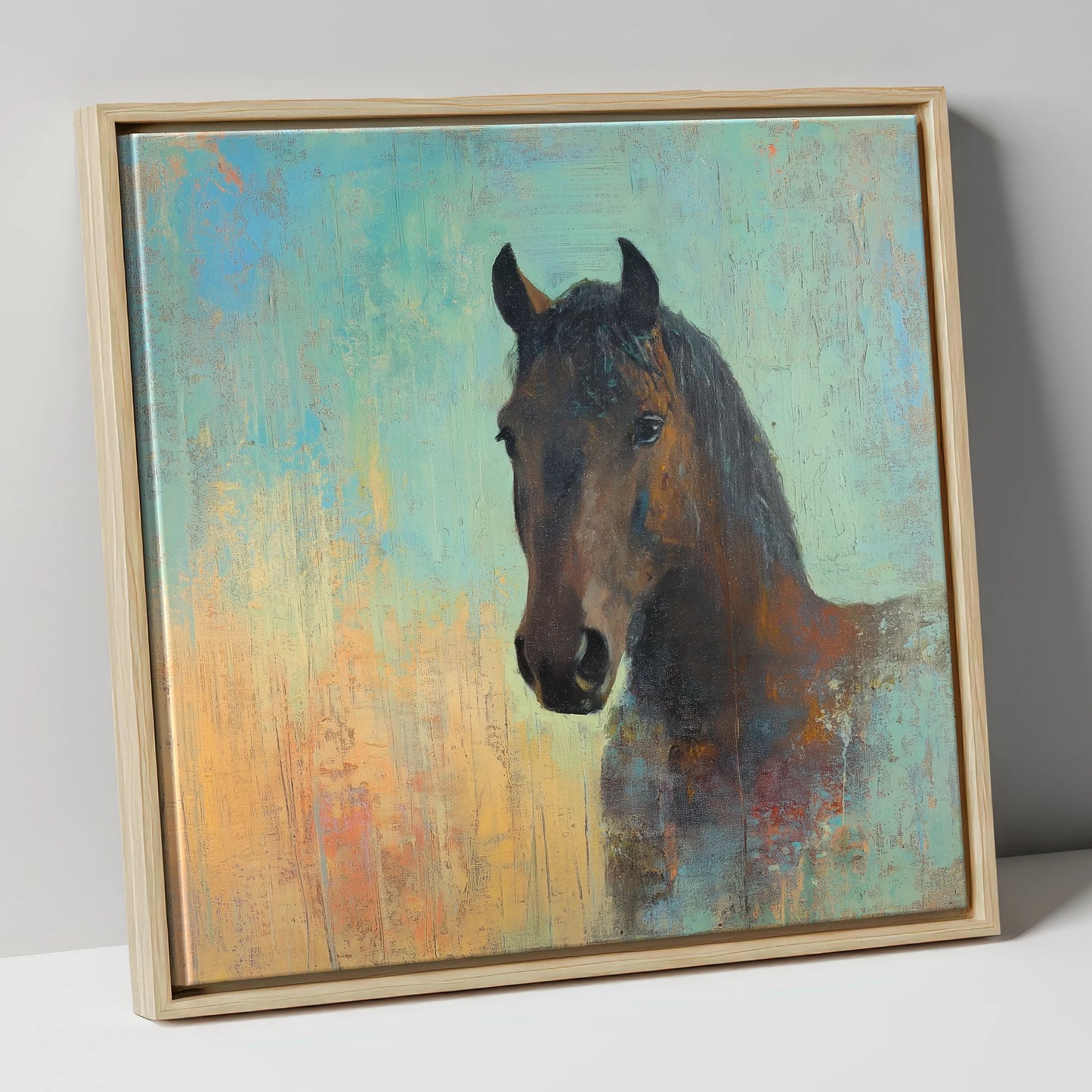 The Steadfast Bay horse portrait canvas wall art in natural frame
