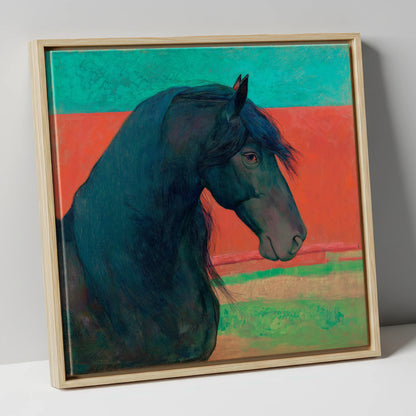 Crimson Horizon Friesian horse breed canvas wall art in natural frame
