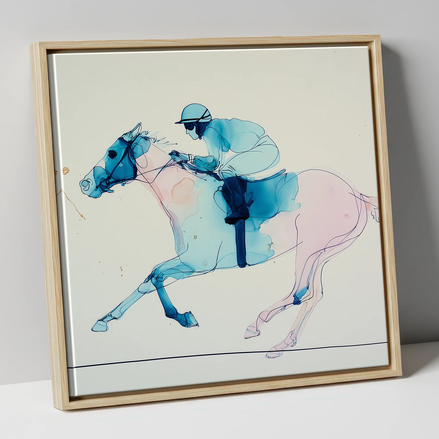 Azure Gallop racing horse canvas wall art in natural frame