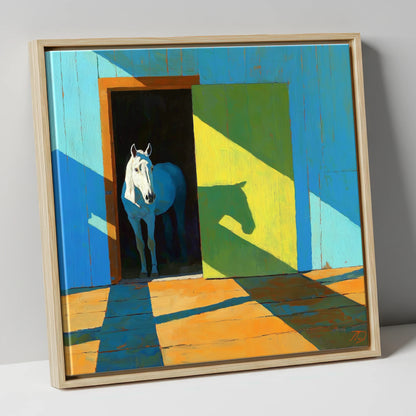 Sunlight and Silhouette horse stable canvas wall art in natural frame