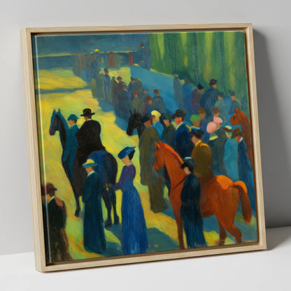 Paddock Gathering racing horse canvas wall art in natural frame