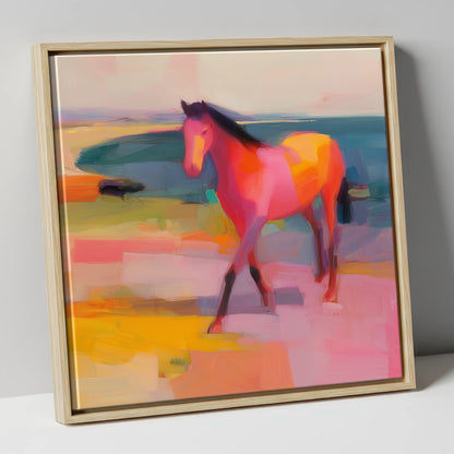 Vibrant Painted Stride horse landscape canvas wall art in natural frame