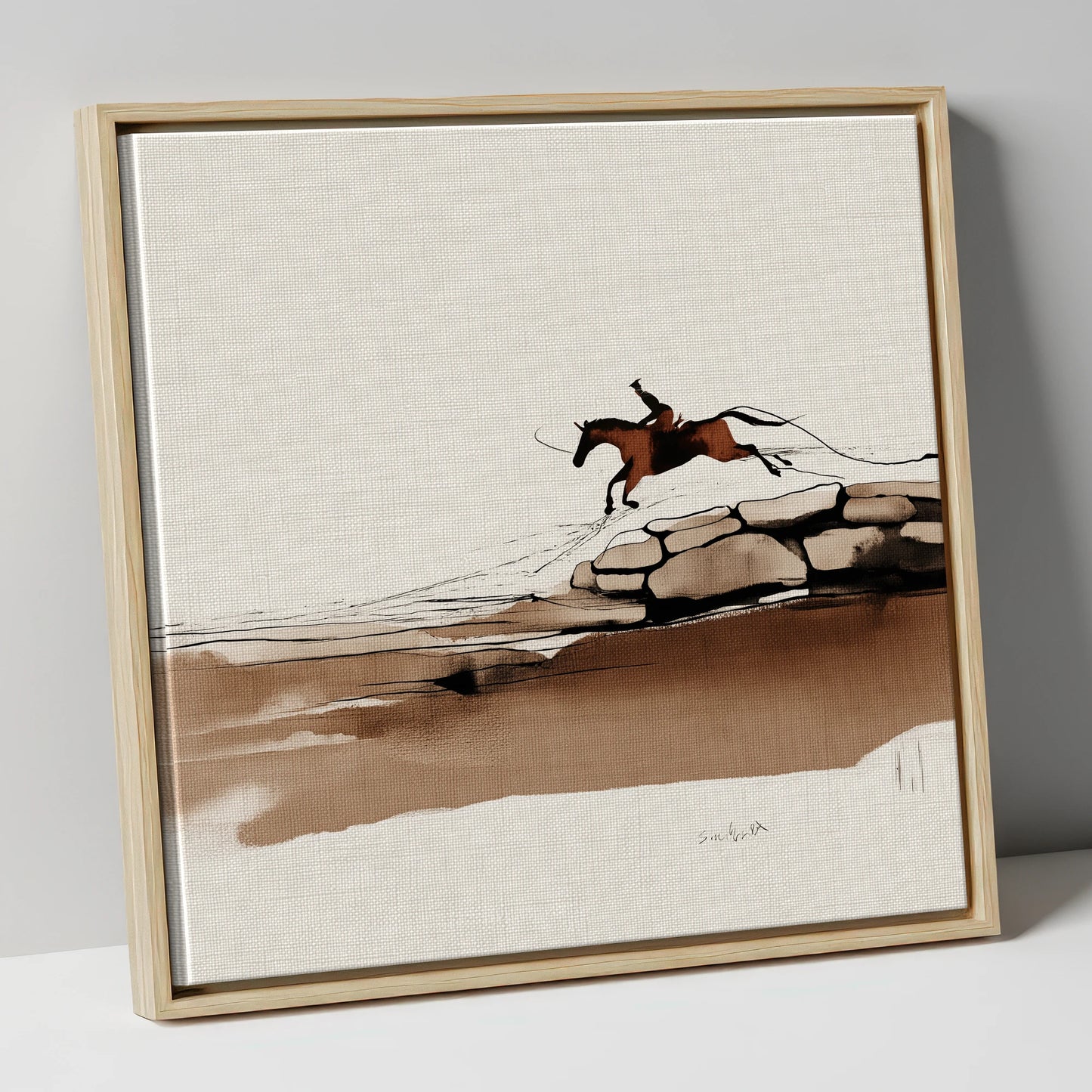 Flight Over Stone show jumping horse canvas wall art in natural frame