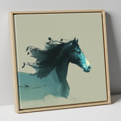 Windswept in Teal horse breed canvas wall art in natural frame