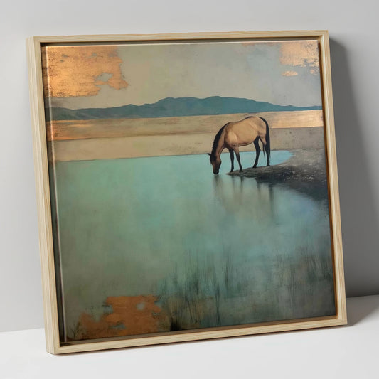 Gilded Solitude at Dusk horse landscape canvas wall art in natural frame