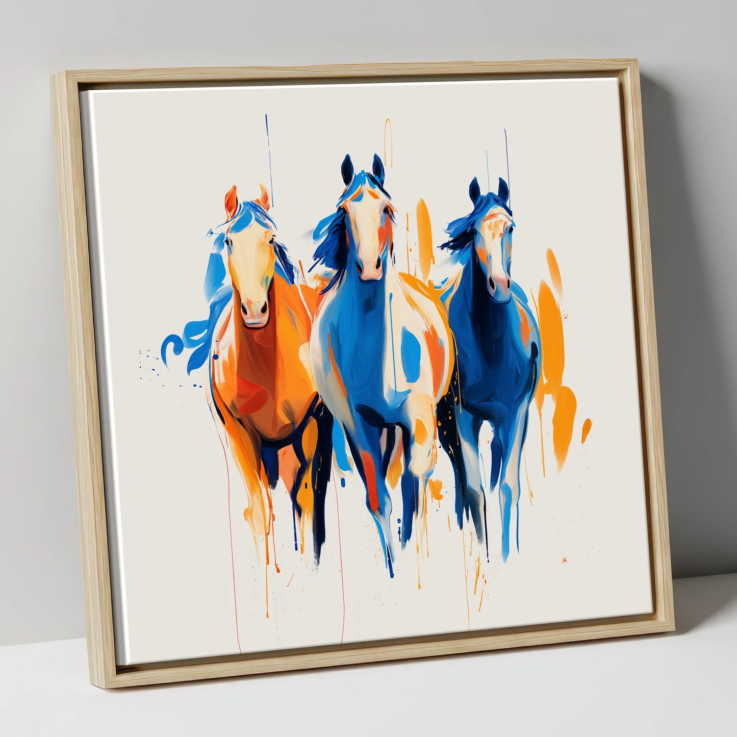 Cobalt and Amber Canter wild horses canvas wall art in natural frame