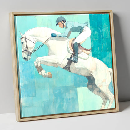 Airborne in Aquamarine show jumping horse canvas wall art in natural frame