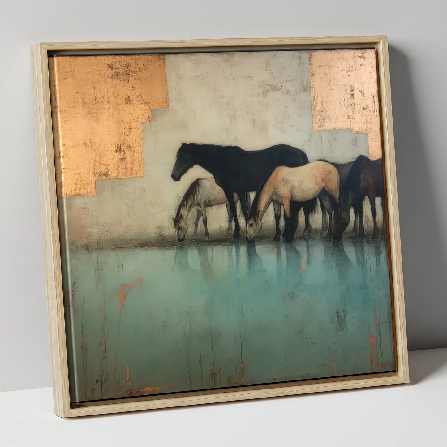 Gilded Herd Reflections wild horses canvas wall art in natural frame