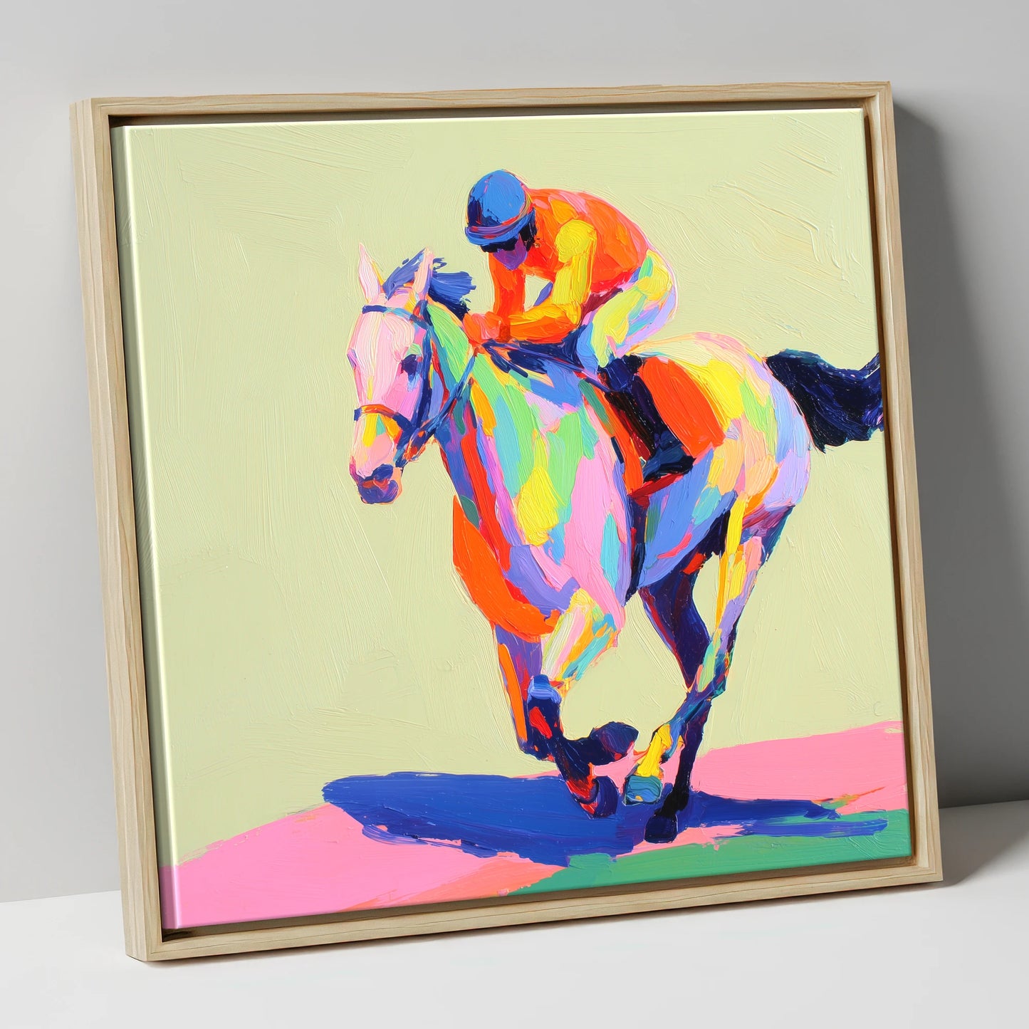 Technicolour Sprint racing horse canvas wall art in natural frame