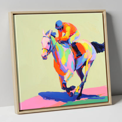 Technicolour Sprint racing horse canvas wall art in natural frame