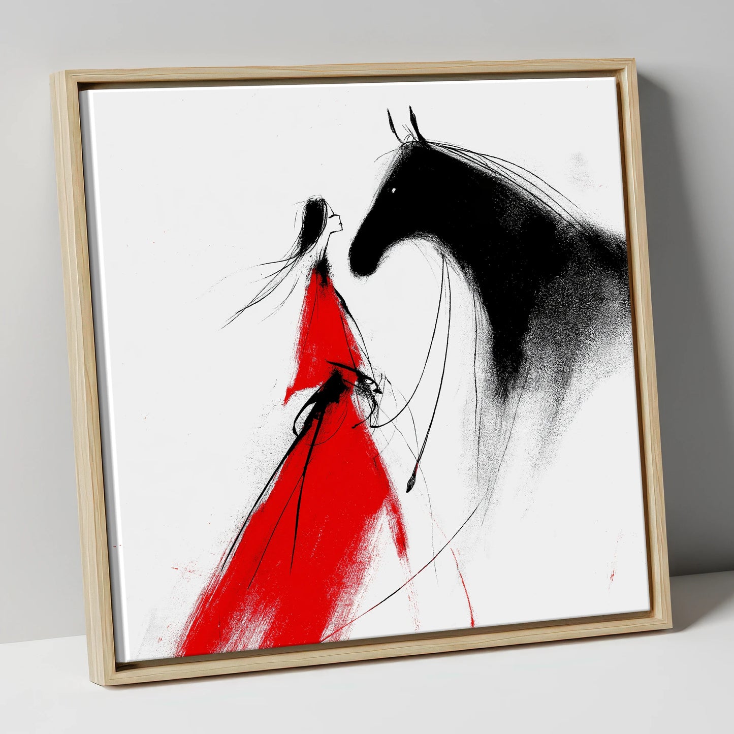 Scarlet and Shadow horse & rider canvas wall art in natural frame