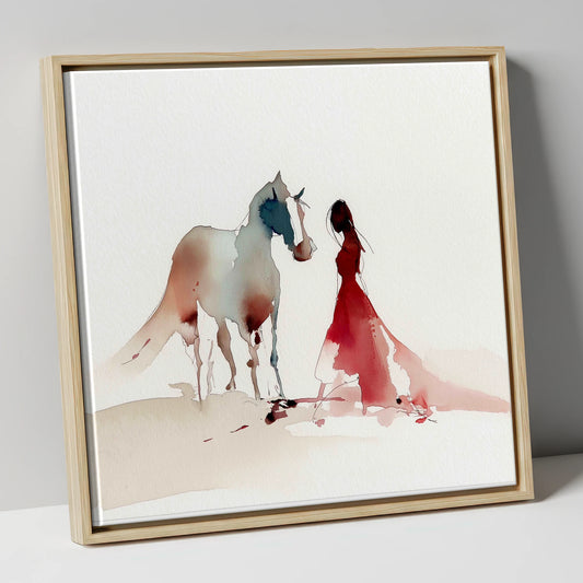 The Crimson Bond horse & rider canvas wall art in natural frame