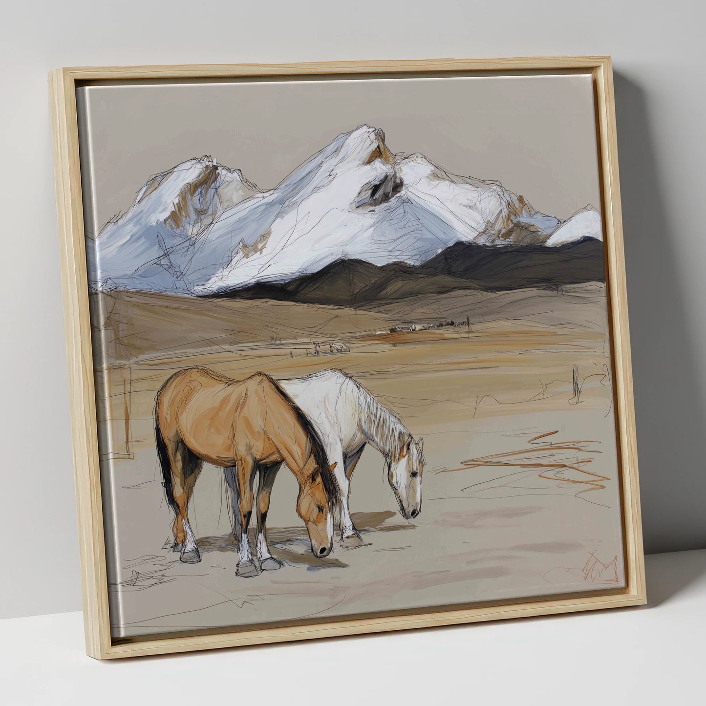 High Country Grazing horse landscape canvas wall art in natural frame