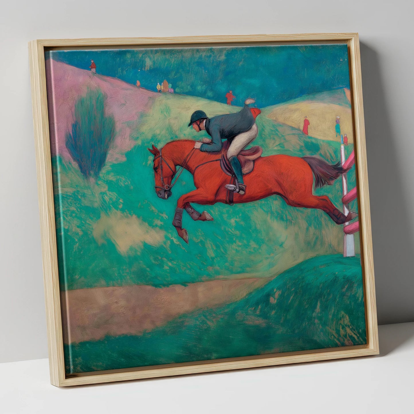 Flight Over Emerald Hills show jumping horse canvas wall art in natural frame