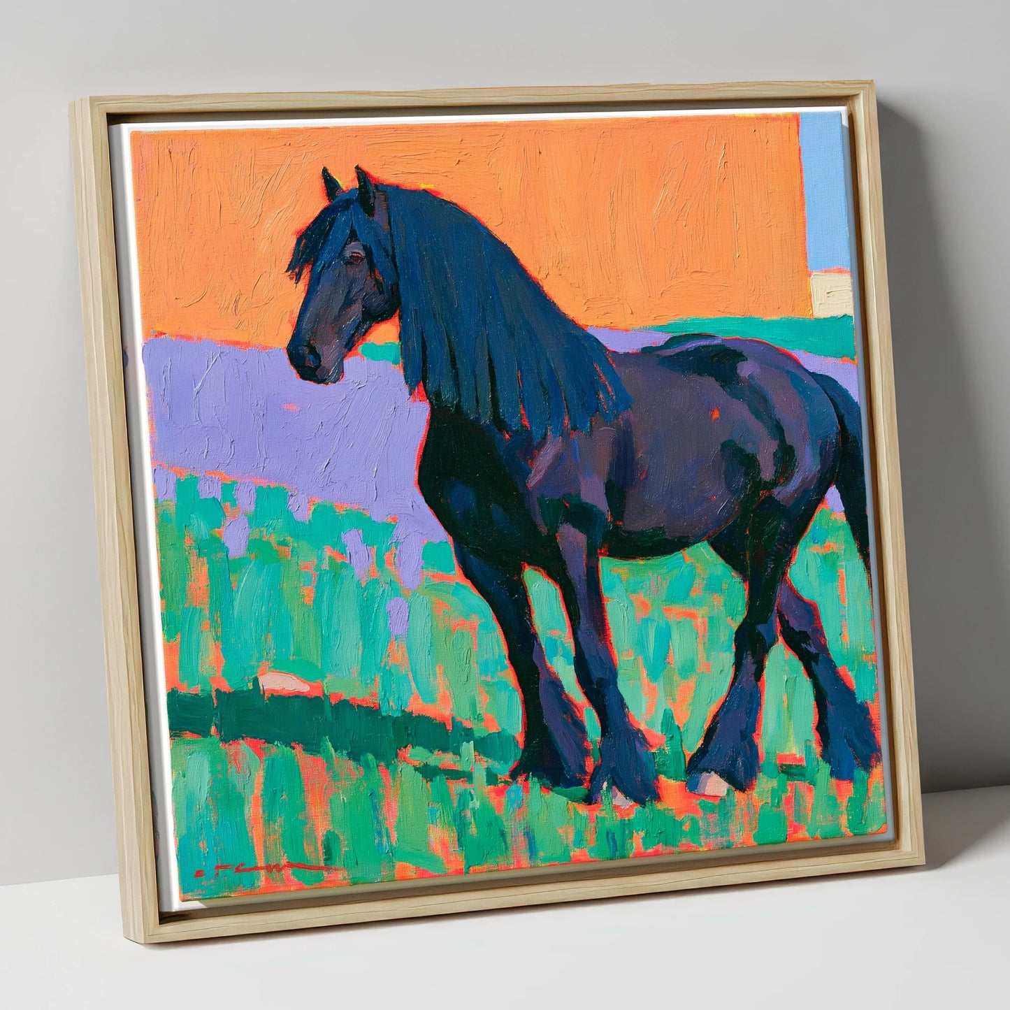 Friesian Horse in Vivid Colour horse breed canvas wall art in natural frame