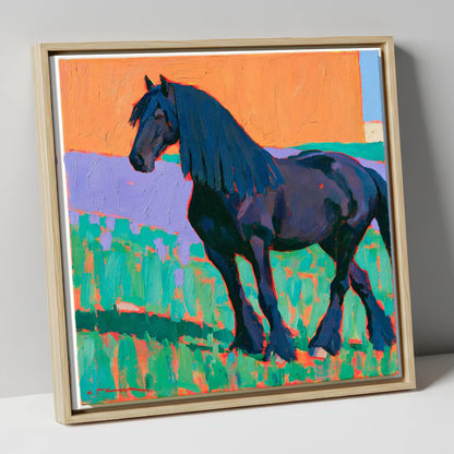 Friesian Horse in Vivid Colour horse breed canvas wall art in natural frame