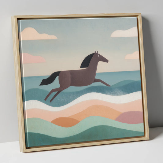 Rhythmic Coastal Canter beach horse canvas wall art in natural frame