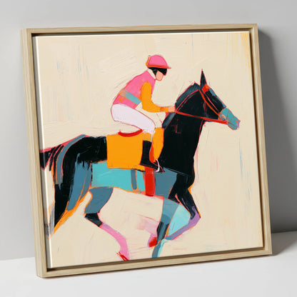 Vibrant Sprint racing horse canvas wall art in natural frame