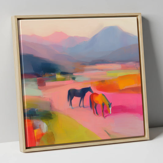 Vivid Horizons horse landscape canvas wall art in natural frame