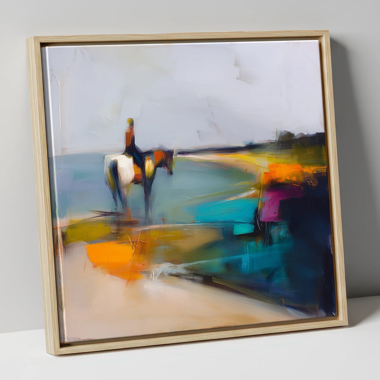 Vivid Shoreline beach horse canvas wall art in natural frame