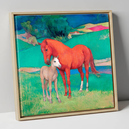 Vibrant Maternal Bond mare & foal canvas wall art in natural frame