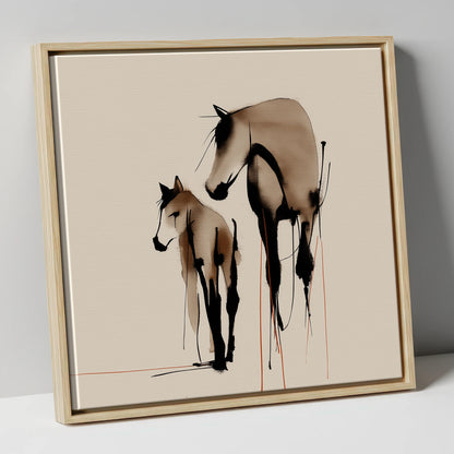 Quiet Devotion mare & foal canvas wall art in natural frame