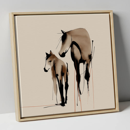 Quiet Devotion mare & foal canvas wall art in natural frame