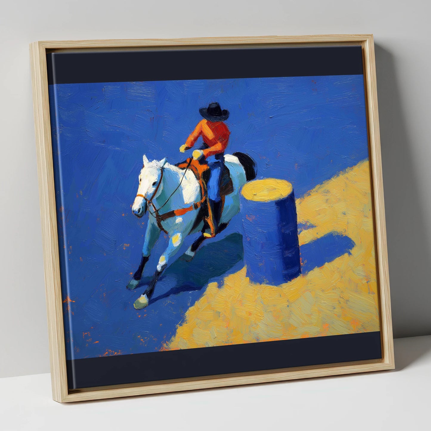 Blue Barrel Turn western horse canvas wall art in natural frame