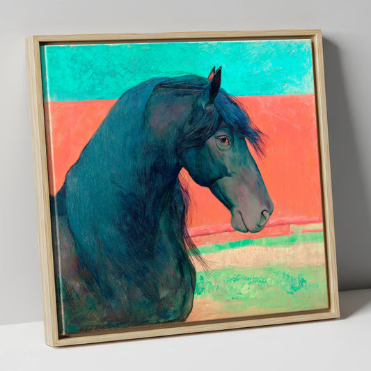 Crimson Horizon Friesian horse breed canvas wall art in natural frame