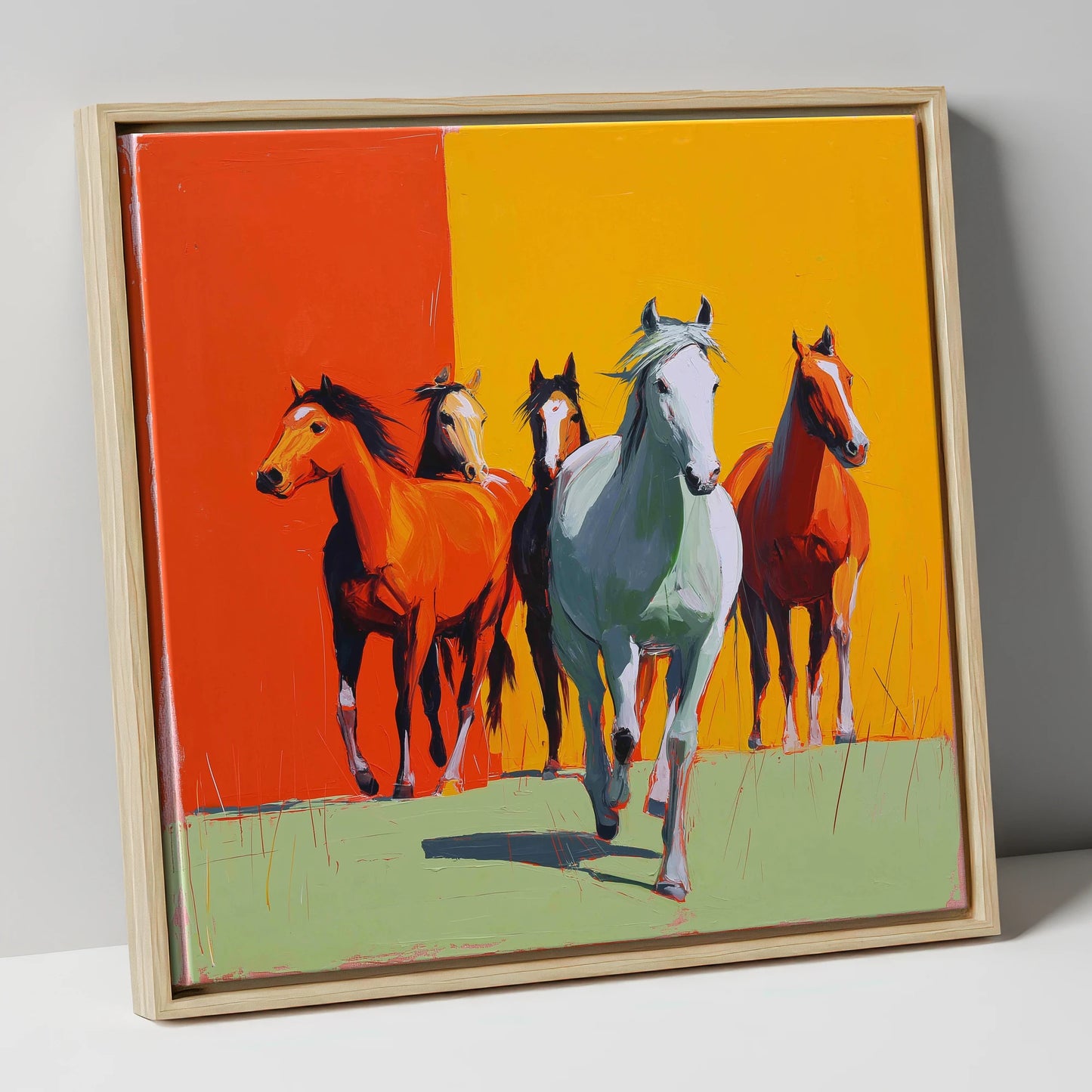 The Vivid Herd wild horses canvas wall art in natural frame