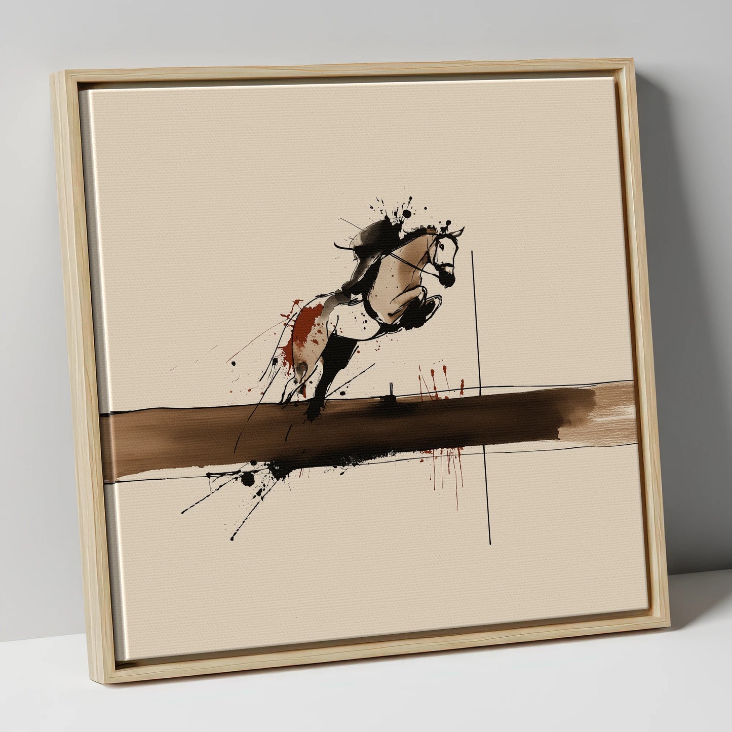 Moment of Suspension show jumping horse canvas wall art in natural frame