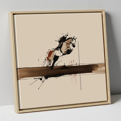 Moment of Suspension show jumping horse canvas wall art in natural frame