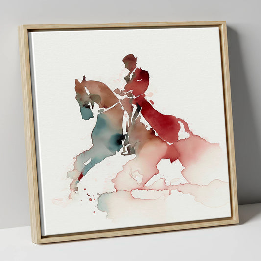 Crimson Passage dressage horse canvas wall art in natural frame
