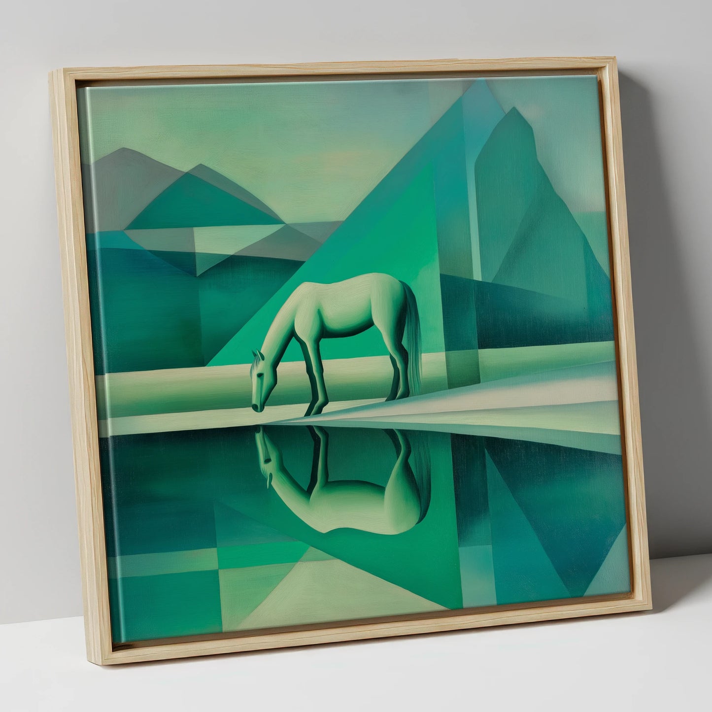 Emerald Geometric Serenity horse landscape canvas wall art in natural frame