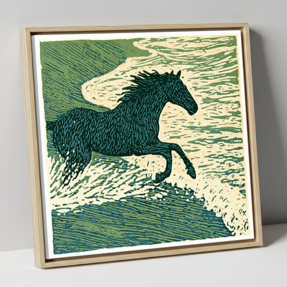 Wild Sea Canter beach horse canvas wall art in natural frame
