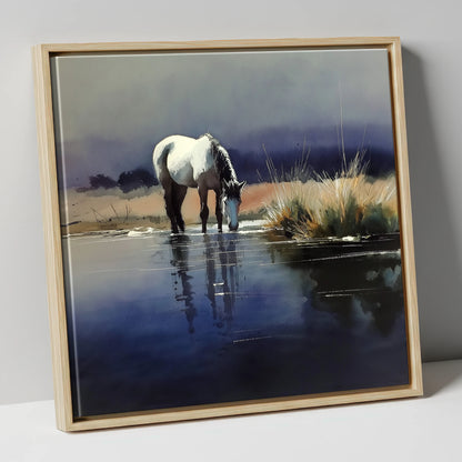 Indigo Reflections horse landscape canvas wall art in natural frame