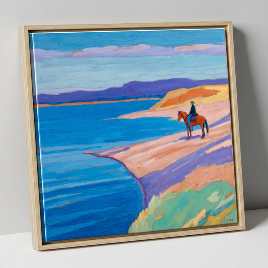 Edge of the Azure beach horse canvas wall art in natural frame