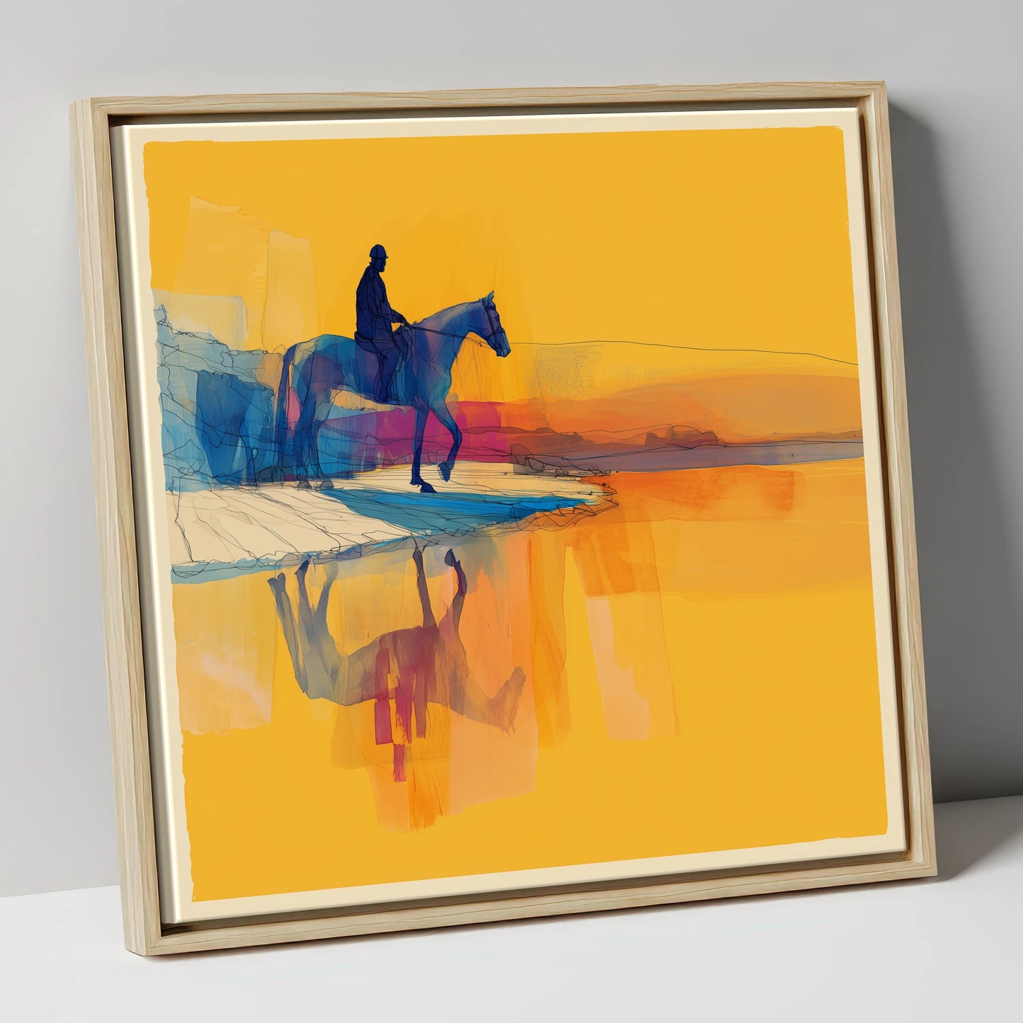 Golden Shoreline Traverse beach horse canvas wall art in natural frame