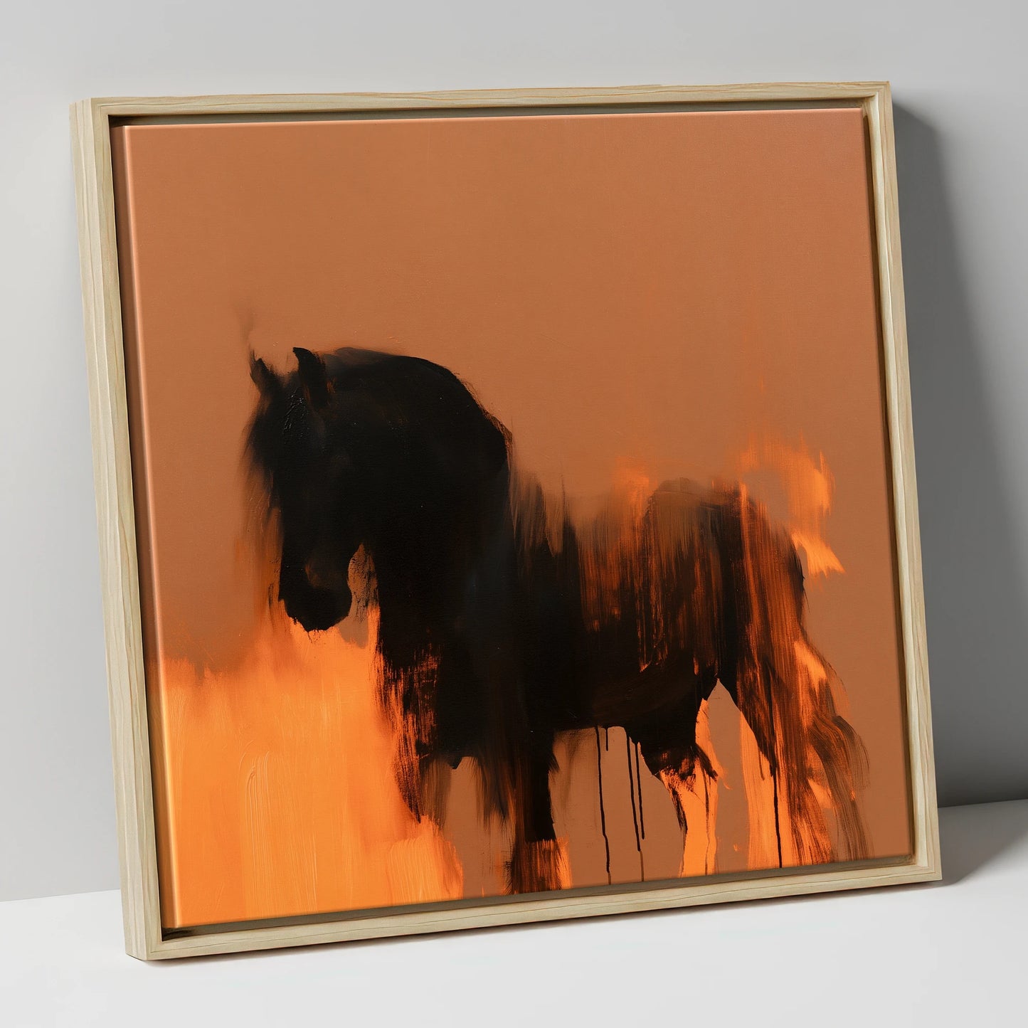 Black Friesian In Burnt Orange horse breed canvas wall art in natural frame