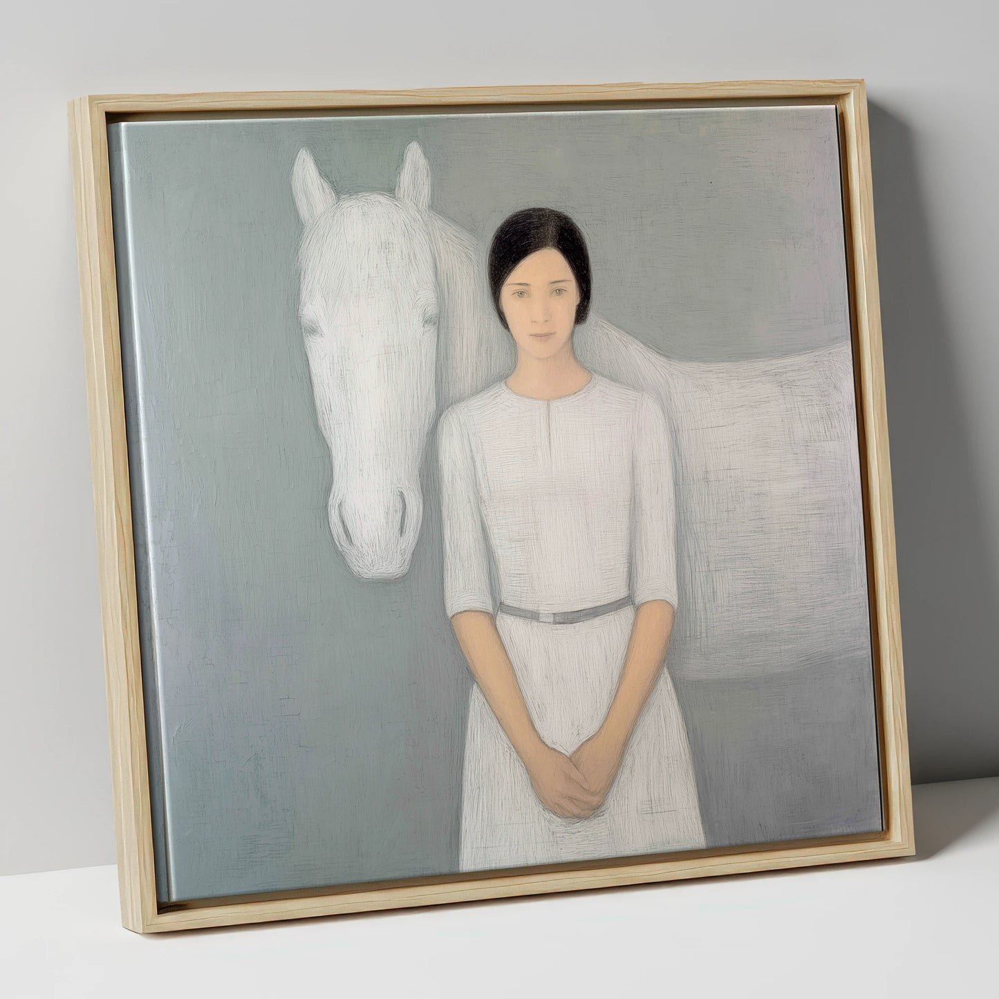 Quiet Connection horse & rider canvas wall art in natural frame