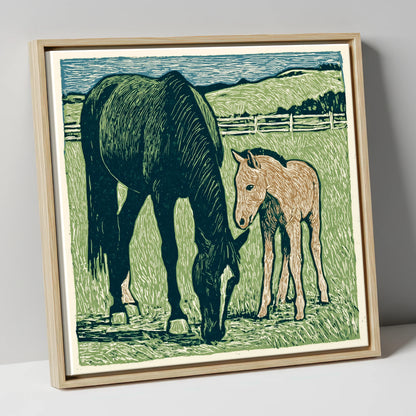 Rustic Pasture Companions mare & foal canvas wall art in natural frame