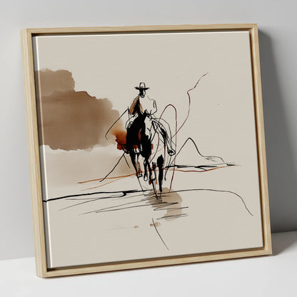 The Lone Rider western horse canvas wall art in natural frame